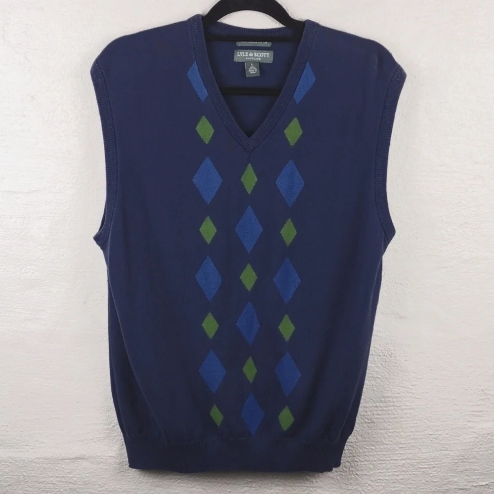 Lyle & Scott Scotland Dark Blue Argyle V-Neck Lightweight Pullover Sweater Vest